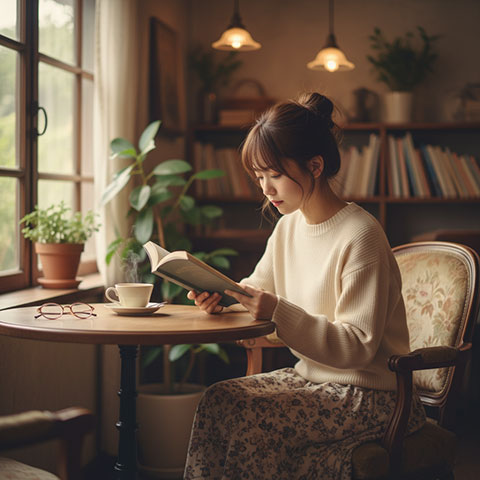 オシャレなカフェで優雅な時間を過ごす女性